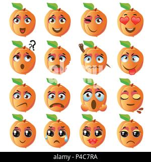 Der Vektor Aufkleber, emojis mit niedlichen Pfirsich Stock Vektor