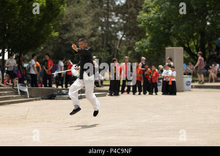 Columbus, Ohio, USA - Mai 27, 2018 Mitglieder der Ohio Wushu Akademie der chinesischen Kampfkünste durchführen an den asiatischen Festival. Stockfoto