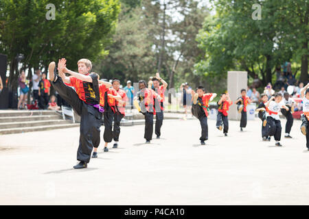 Columbus, Ohio, USA - Mai 27, 2018 Mitglieder der Ohio Wushu Akademie der chinesischen Kampfkünste durchführen an den asiatischen Festival. Stockfoto