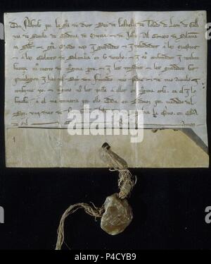CARTA DE ALFONSO X OTORGANDO EIN SALAMANCA HACER PRIMERAS CATEDRAS - 1254. Autor: Alfons X. von Kastilien, der Weise (1221-1284). Ort: UNIVERSIDAD BIBLIOTECA, SPANIEN. Stockfoto
