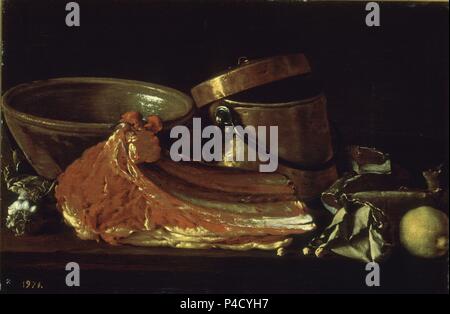 Stillleben mit Fleisch, Kochtöpfe, Kichererbsen, Zitrone und Knoblauch - 18. Jahrhundert - Öl auf Leinwand - 41 x 63 cm - Spanischen Barock-NP 938. Autor: Luis Meléndez (1716-1780). Lage: Museo del Prado - PINTURA, MADRID, SPANIEN. Auch als: BODEGON: CHULETON, CONDIMENTOS Y RECIPIENTES; MORCEAU DE VIANDE, POIS CHICHES, VAISSELLES, UN CITRON ET DE L'AIL bekannt. Stockfoto
