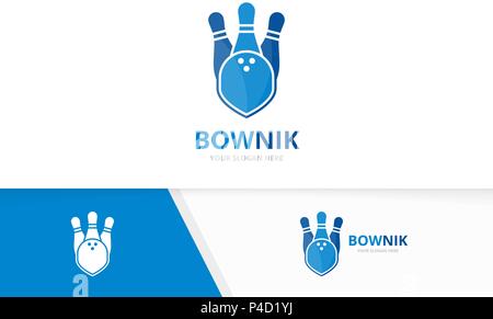 Vektor Bowling und Shield Logo Kombination. Spiel und Sicherheit Symbol oder Icon. Einzigartige kegling und Guard Logo Design Template. Stock Vektor