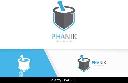 Vektor Apotheke und Shield Logo Kombination. Pounder und Sicherheit Symbol oder Icon. Einzigartige Mörser und Stößel Logo Design Template. Stock Vektor