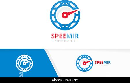 Vektor Tachometer und Planeten logo Kombination. Drehzahlmesser und Welt Symbol oder Icon. Einzigartige Tacho und globe Logo Design Template. Stock Vektor
