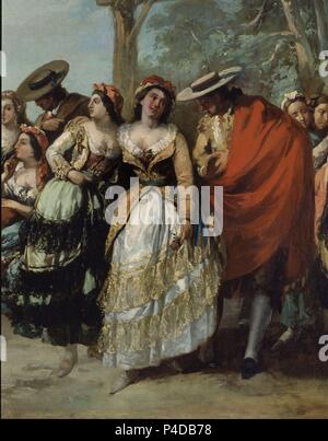 Fiesta de La Muñoza - las mejores, Maja y Majo. 1852-53. Öl auf Leinwand 145 x 225 cm. Havanna, Museum der Schönen Künste. Thema: Eugenio Lucas Velázquez (1817-1870). Lage: DAS MUSEO NACIONAL DE BELLAS ARTES, La Habana, Kuba. Stockfoto