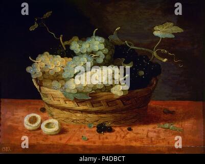 CESTA DE UVAS - SIGLO XVII-OLEO/LIENZO - 28 x 35 cm - NP 1779 - ESCUELA FLAMENCA. Autor: Joris van Son (1623-1667) (Schüler). Lage: Museo del Prado - PINTURA, MADRID, SPANIEN. Stockfoto