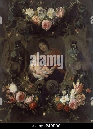 GUIRNALDA CON LA VIRGEN Y EL NIÑO - SIGLO XVII-OLEO/COBRE - 84 x 55 cm - NP 1910 - ESCUELA FLAMENCA. Autor: Daniel Seghers (1590-1661). Lage: Museo del Prado - PINTURA, MADRID, SPANIEN. Stockfoto