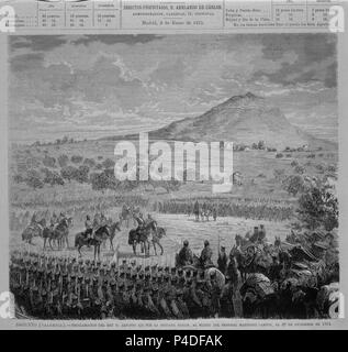 PROCLAMACION DE Alfonso XII DE SAGUNTO POR LA BRIGADA DABAN AL MANDO DEL GENERAL MARTÍNEZ CAMPOS EINE BEVORZUGUNG DE LA MONARQUIA EL 29/12/1874. Lage: SENADO - BIBLIOTECA - COLECCION, MADRID, SPANIEN. Stockfoto