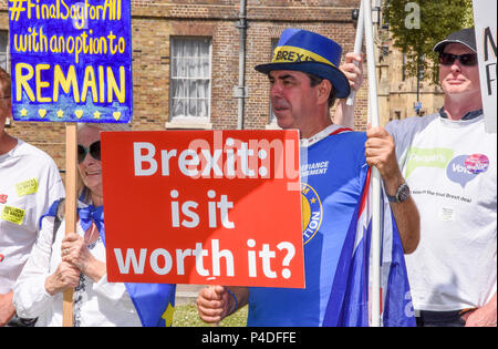 Pro-EU-Befürworter versammelte sich am College Green als MPs Brexit Herren Änderungen von der Rücknahme Bill, Houses of Parliament, London.UK 20.06.18 diskutiert Stockfoto