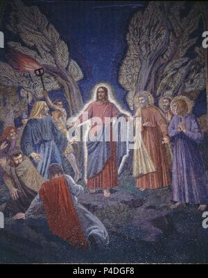 PRENDIMIENTO DE CRISTO EN EL HUERTO DE LOS OLIVOS - MOSAICO DEL ALTAR DE LA BASILICA DE LA AGONIA - SIGLO XX. Lage: IGLESIA DE LA AGONIA O DE LAS NACIONES, Jerusalem, Israel. Stockfoto