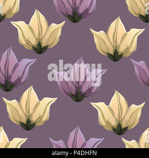 Abstrakte Blumen nahtlose Muster, Vektor floral background, bunte Zeichnung. Gezeichnet Gelb und Lila Knospen und Blüten auf Violett Kulisse. Für fabric Stockfoto