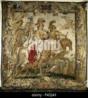 Mars und Zenobia ein Pferd Reiten. 17. Jahrhundert. Tapestry: Seide und Wolle (4.15 x 4.05 m). Madrid, Congreso de los Diputados (Kongress der Mitglieder des Parlaments, Äquivalent des "House of Commons"). Autor: Gerard Peemans (C. 1637-1725). Lage: CONGRESO DE LOS DIPUTADOS - TAPICES, MADRID, SPANIEN. Stockfoto