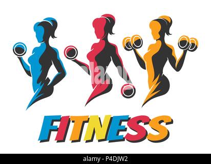 Drei bunten Frau mit Gewicht Silhouetten. B odybuilder Logos Vorlagen eingestellt. Fitness Logo, Emblem Grafiken. Vector Illustration. Stock Vektor