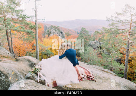 Die Rückansicht der hugging Brautpaar sitzen auf den Felsen und genießen den Blick auf den vergilbten Wald. Stockfoto