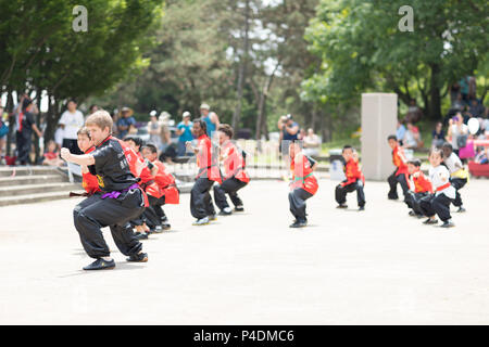 Columbus, Ohio, USA - Mai 27, 2018 Mitglieder der Ohio Wushu Akademie der chinesischen Kampfkünste durchführen an den asiatischen Festival. Stockfoto