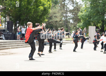 Columbus, Ohio, USA - Mai 27, 2018 Mitglieder der Ohio Wushu Akademie der chinesischen Kampfkünste durchführen an den asiatischen Festival. Stockfoto