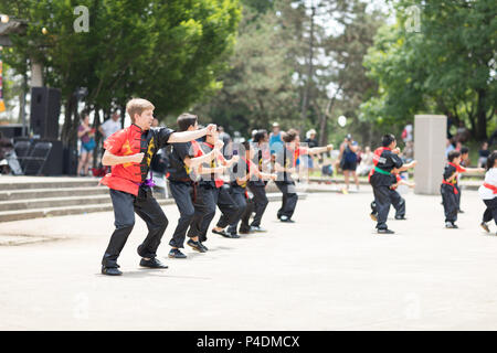 Columbus, Ohio, USA - Mai 27, 2018 Mitglieder der Ohio Wushu Akademie der chinesischen Kampfkünste durchführen an den asiatischen Festival. Stockfoto