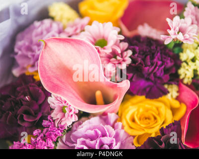 Extreme Nahaufnahme lilac Bouquet mit arum Lily oder Calla, Rosen, Dianthus, Chrysantheme, Limonium, matthiola. Fokus auf Calla. Flache DOF, kopieren Raum Stockfoto