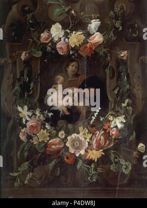 GUIRNALDA CON LA VIRGEN, EL NIÑO Y SAN JUAN - SIGLO XVII-OLEO/TABLA - 78 x 60 cm - NP 1909 - ESCUELA FLAMENCA. Autor: SEGHERS DANIEL/SCHUT ICH CORNELIS. Lage: Museo del Prado - PINTURA, MADRID, SPANIEN. Stockfoto