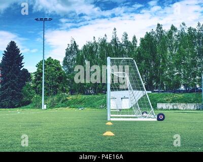 Die Fußball-Ziel im Sommer. Leer Ausbildung Tor für klassische fotbal auf grünem Gras Spielplatz. Bäume rund um das Stadion Stockfoto