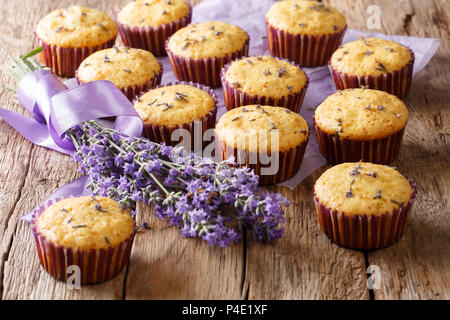 Frisch gebackene Muffins mit Lavendelblüten close-up auf den Tisch. Leckeres Essen. Horizontale Stockfoto