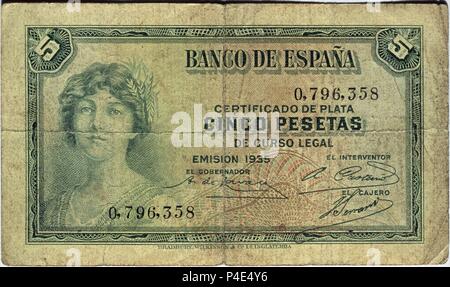 BILLETE DE CINCO PESETAS DEL BANCO DE ESPAÑA - 1935 - ANVERSO. Stockfoto