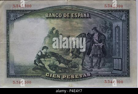 BILLETE DE CIEN PESETAS DEL BANCO DE ESPAÑA - Años 30 - REVERSO. Stockfoto