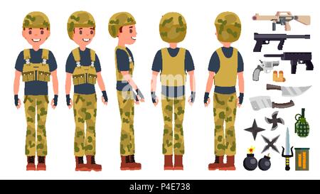 Soldat Man gesetzt Vektor. Posen. Armee Person. Camouflage Uniform. Shooter. Ehrenkompanie. Cartoon militärischen Charakter Abbildung Stock Vektor