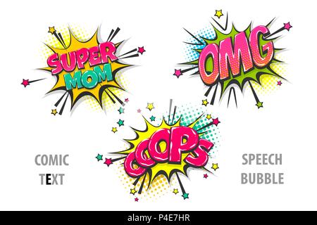 Omg oops Super Mom pop art Style set Hand gezeichnet Soundeffekte Vorlage comics Buch text Sprechblase. Rasterpunkt Hintergrund. Stock Vektor