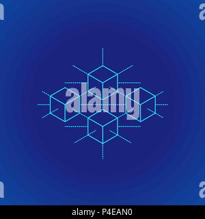 Vektor cyan Grobentwurf blockchain Peer-To-Peer verteilte Datenbank Prinzip erklären Schema Abbildung Symbol blau Hintergrund isoliert Stock Vektor