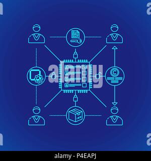 Vektor cyan Grobentwurf blockchain smart Vertrag Protokoll Prinzip erklären Schema Abbildung Symbol isoliert blauer Hintergrund Stock Vektor