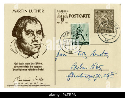 Deutsche Historische Postkarte: Martin Luther, "Winter Relief' Serie herausragende Persönlichkeiten in Deutschland, Ausgabe 1939, der zweite Weltkrieg, Drittes Reich Stockfoto