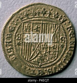 DOBLE CASTELLANO-EXCELENTE DE GRANADA (VITRINA MONEDAS) 21,89 MM - REVERSO. Ort: FABRICA NACIONAL DE MONEDA Y TIMBRE - COLECCION, MADRID, SPANIEN. Stockfoto