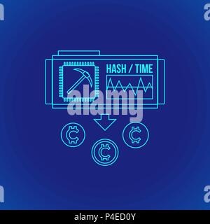 Vektor cyan Grobentwurf blockchain Nachweis der Arbeit Algorithmus cryptocurrency POW Bergbau Prinzip erklären Schema Abbildung Symbol isoliert Blau hinterg Stock Vektor