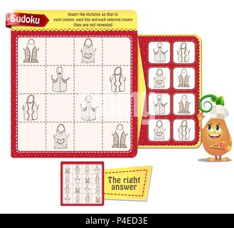 Sudoku Spiel für Kinder und Erwachsene mit Bildern küchenschürzen. Kinder Blatt. Ausbildung Logik, Lernspiel Stock Vektor