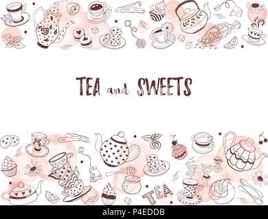Horizontale Grenze von Tea time doodle Elemente. Hand Kaffee vektor Rahmen gezeichnet. Teekannen, Tassen, kleine Kuchen und Süßigkeiten mit Aquarell Kreise auf Weiß zurück Stock Vektor