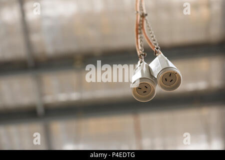 Ein paar der 3-poligen Steckdose Netzkabel Kabel hingen aus einer Fabrik decke Dach. Stromversorgung. elektrische Verkabelung in einem Workshop. Stockfoto