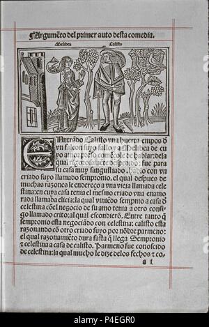 LA CELESTINA - GUENTHER DEL AUTO1-- EDICION DE BURGOS 1499-SIG R -25615. Autor: Fernando de Rojas (C. 1470-1541). Lage: Biblioteca Nacional - COLECCION, MADRID, SPANIEN. Stockfoto