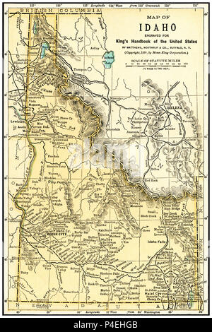 Idaho antike Karte 1891: Karte von Idaho aus einem Ratgeber 1891. Karte ist von einem Ratgeber in den Vereinigten Staaten durch Mose, König: "King's Hand-buch der Vereinigten Staaten." Datum der Veröffentlichung: 1891. Mose, König (1853 1909) war ein US-amerikanischer Herausgeber und Verleger von Bücher. Stockfoto