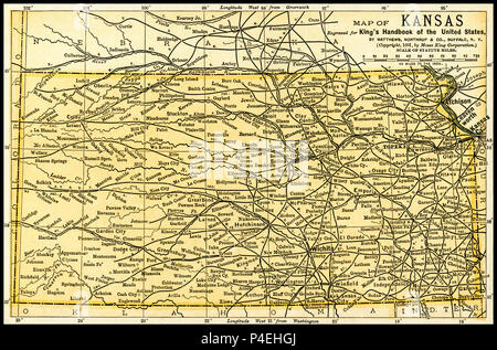 Kansas Antique Map 1891: Karte von Kansas aus einem Ratgeber 1891: 'King's Hand-Book der Vereinigten Staaten." Datum der Veröffentlichung: 1891. Mose, König (1853 1909) war ein US-amerikanischer Herausgeber und Verleger von Bücher. Stockfoto