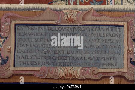 CARTELA DEL TAPIZ DE LA PAZ DE LOS PIRINEOS - Luis XIV Y FELIPE IV RATIFICAN EL MATRIMONIO DE LUIS XIV Y LA INFANTA MARIA TERESA - 1660. Autor: Charles Le Brun (1619-1690). Ort: Französische Botschaft, MADRID, SPANIEN. Stockfoto