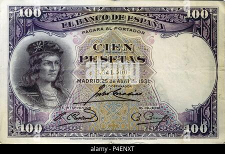 BILLETE DE CIEN PESETAS DEL BANCO DE ESPAÑA - 1931 - ANVERSO. Stockfoto