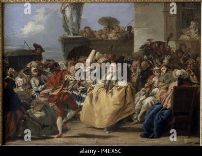 '' Das menuett oder Karneval Szene', 1754-1755, Öl auf Leinwand, 80,5 x 110,5 cm. Autor: Giambattista Tiepolo (1696-1770). Lage: Louvre Museum - Gemälde, Frankreich. Stockfoto