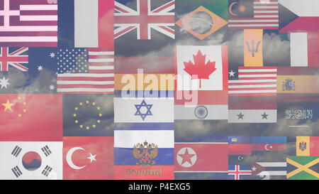 Flaggen aller Länder der Welt Hintergrund der blauen Himmel und Wolken Nahaufnahme Stockfoto