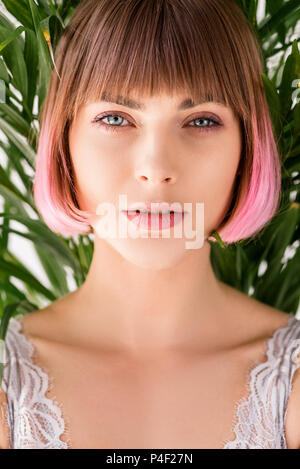 Portrait von Junge attraktive Frau mit rosa Haaren unter Blättern und Suchen in der Kamera Stockfoto