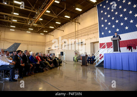 Brig. Gen. Bach Leonard, 56th Fighter Wing ausgehende Commander, spricht am Flügel Ändern des Befehls Zeremonie Juni 20, 2018, bei Luke Air Force Base, Ariz Leonard Befehl aufgegeben nach Brig. Gen. Todd Canterbury. (U.S. Air Force Foto von älteren Flieger Ridge Shan) Stockfoto