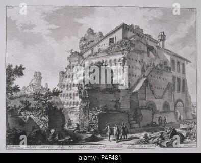 VEDUTA ESTERNA DELLE TRE VERKAUF SEPOLCRATI - GRABADO DEL TOMO II DE SU LIBRO LA ANTIGÜEDAD ROMANA - Siglo XVIII. Autor: Giovanni Battista Piranesi (1720-1778). Lage: SENADO - BIBLIOTECA - COLECCION, MADRID, SPANIEN. Stockfoto