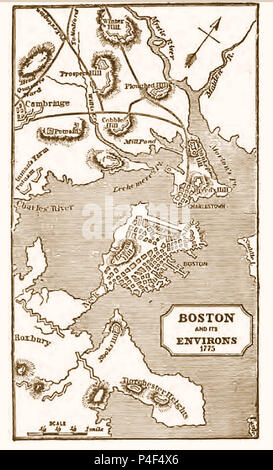 Jahrhundert (1775) Karte von Boston, Massachusetts, USA und Umgebung mit Ortsnamen Stockfoto
