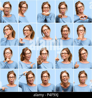 Mittleres Alter Frau, unterschiedliche Emotionen Collage über blauer Hintergrund Stockfoto