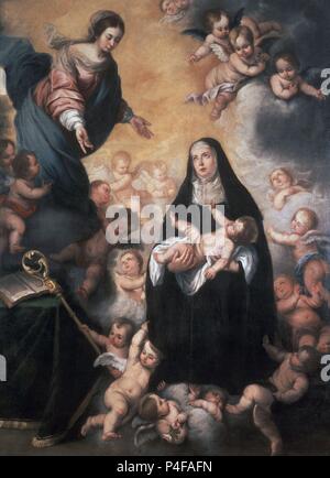 LA VIRGEN ENTREGANDO AL NIÑO EIN SANTA GERTRUDIS - SIGLO XVII - BARROCO SEVILLANO. Autor: Juan Ruiz Soriano (1701-1763). Lage: MUSEO STUTEN - COLECCION, BARCELONA, SPANIEN. Stockfoto